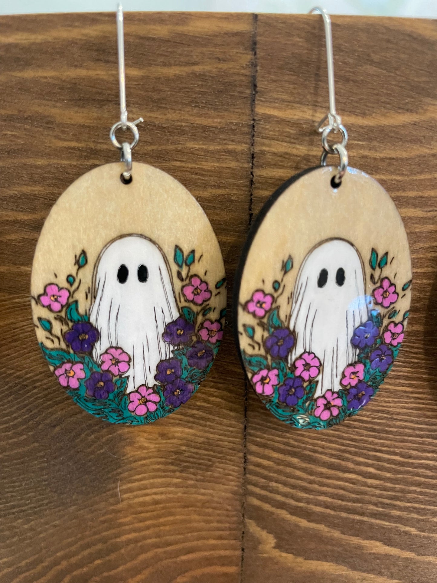 Ghost in purple flowers Halloween Earrings