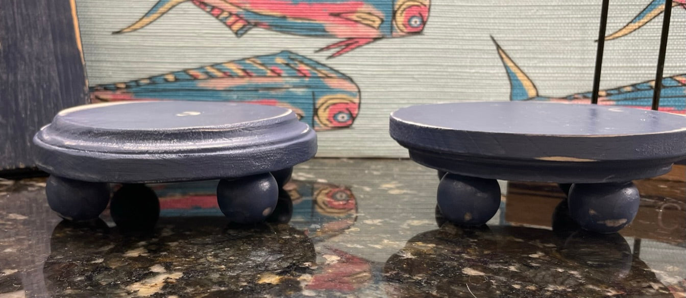 Blue Pair of Small Round Wood Pedestal Stands with Round Legs