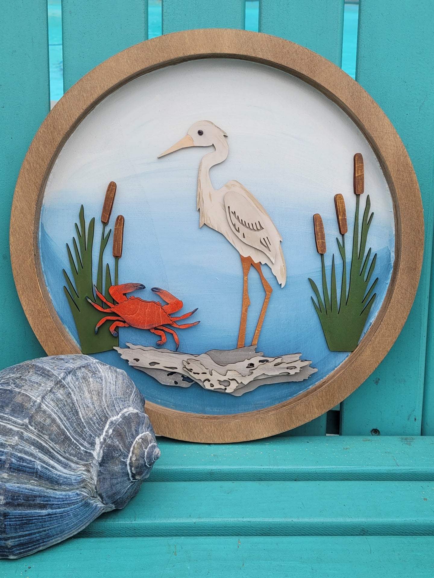 Framed Wood Round Heron Art