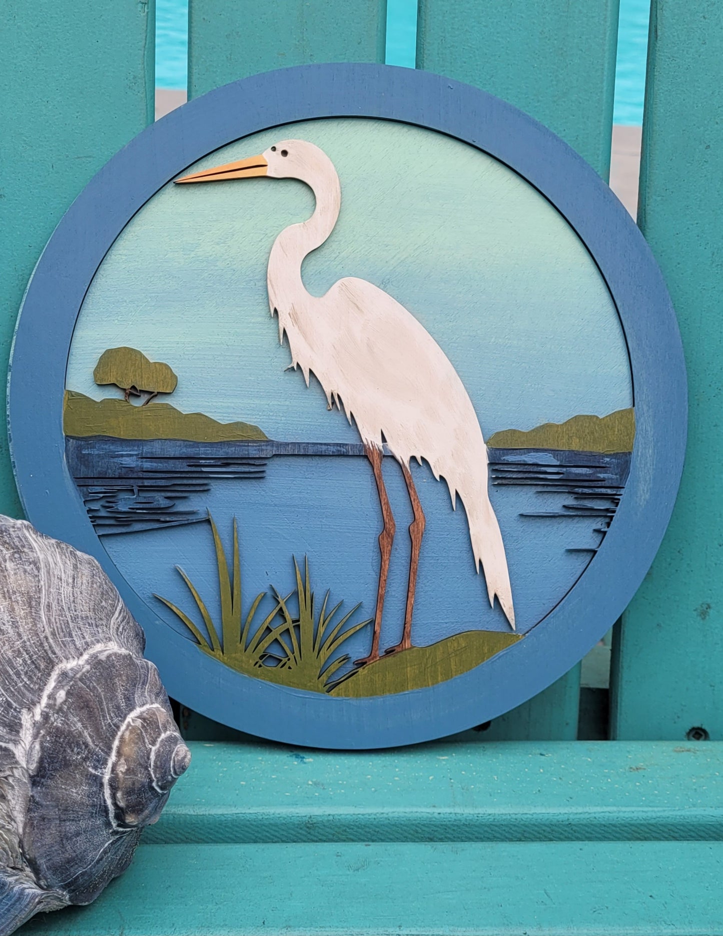 Blue Heron Round Wood Art