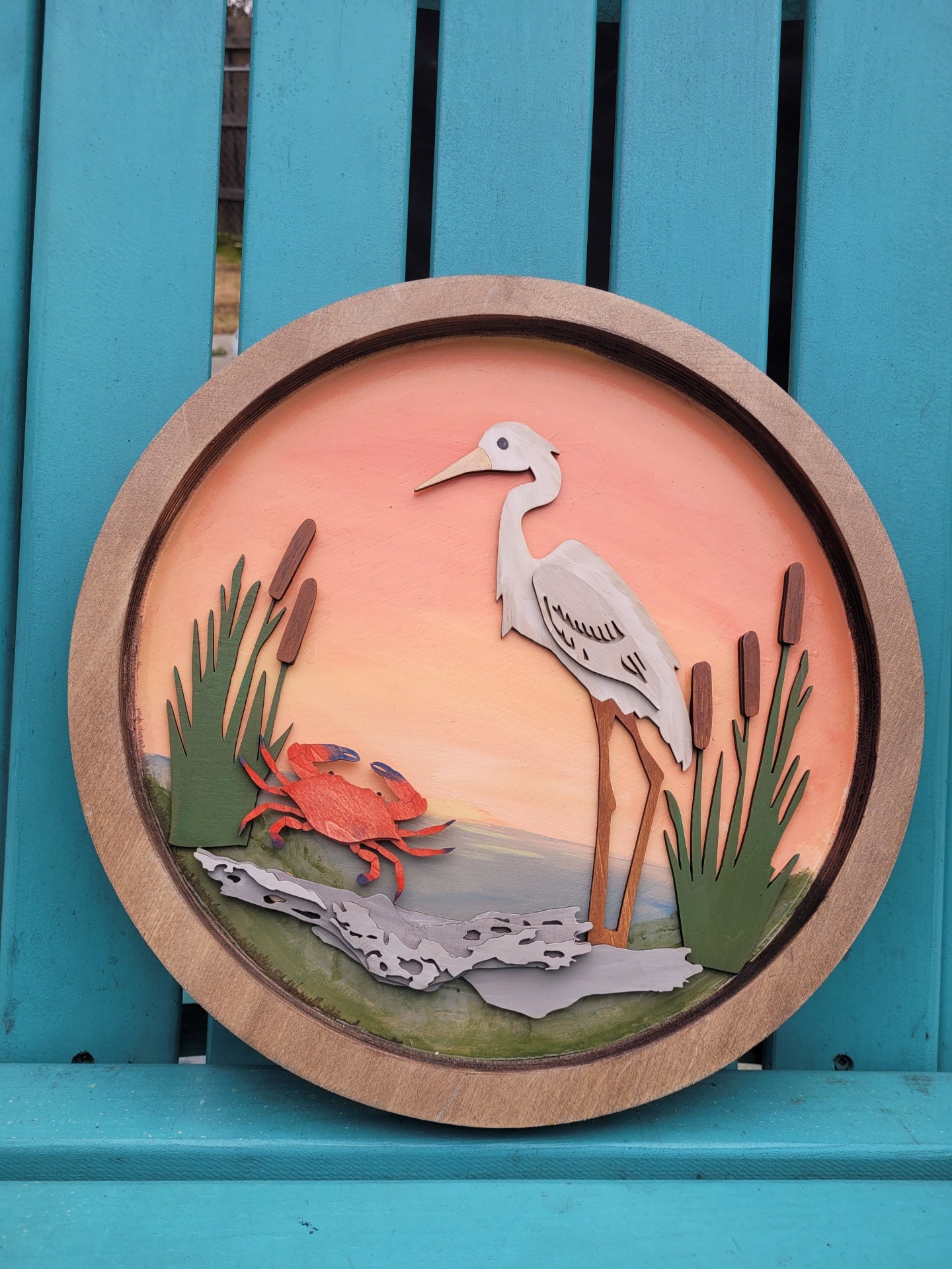 Framed Round Wood Heron Art