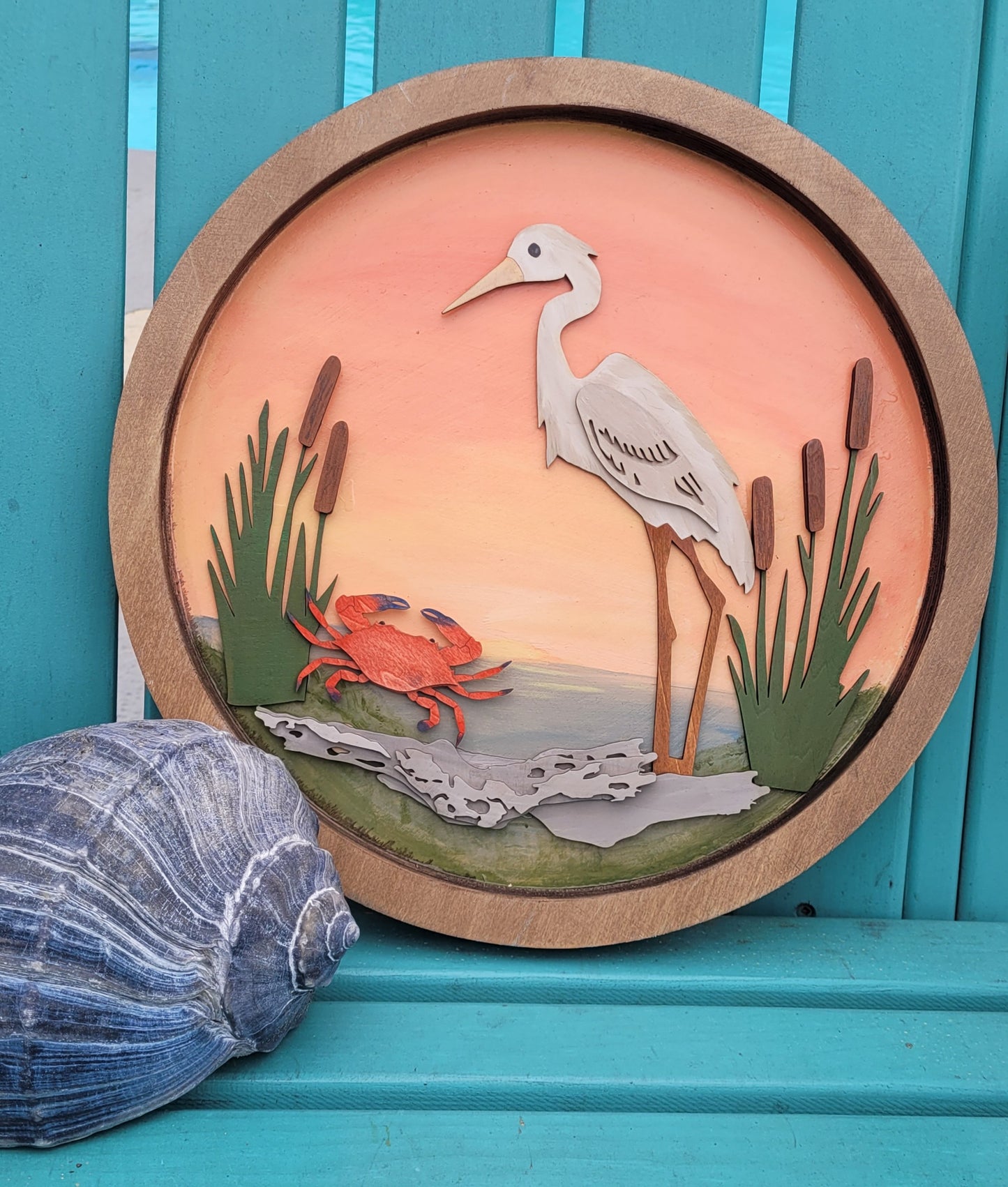 Framed Round Wood Heron Art