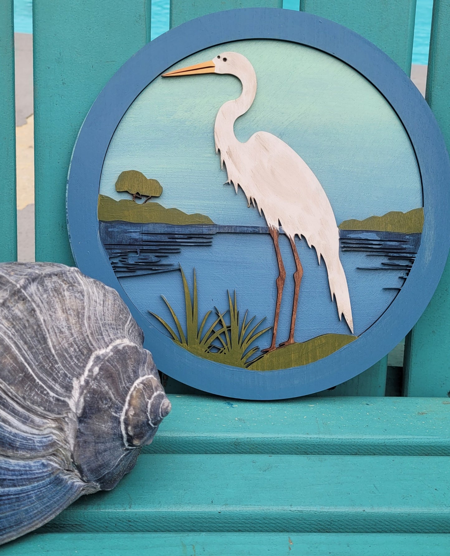 Blue Heron Round Wood Art