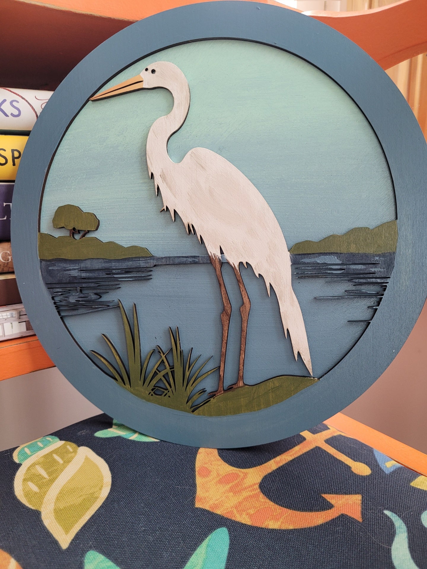 Blue Heron Round Wood Art