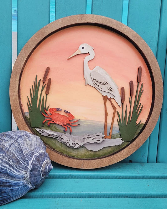 Framed Round Wood Heron Art