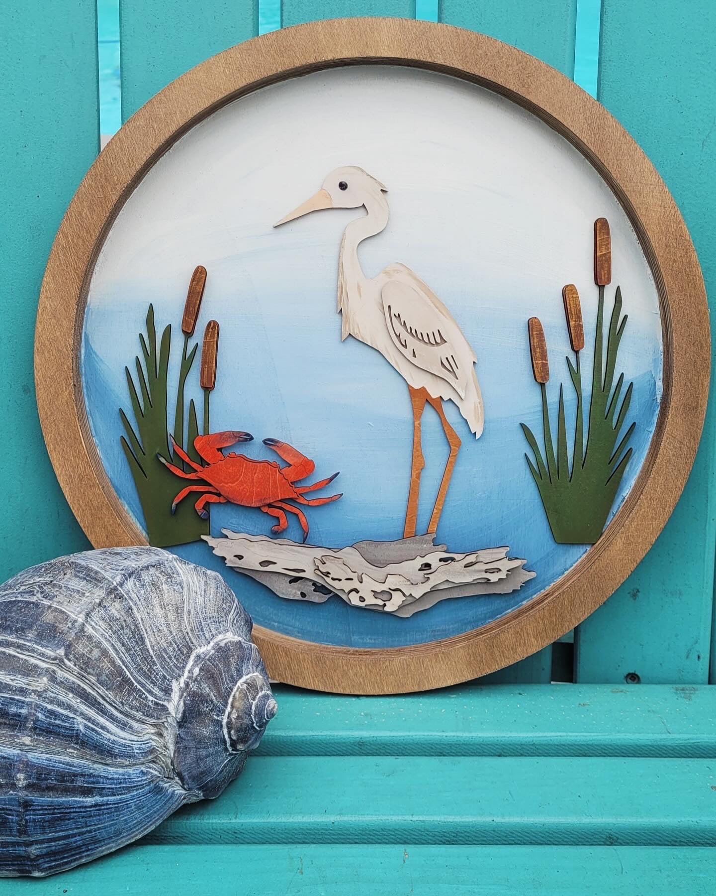 Framed Wood Round Heron Art