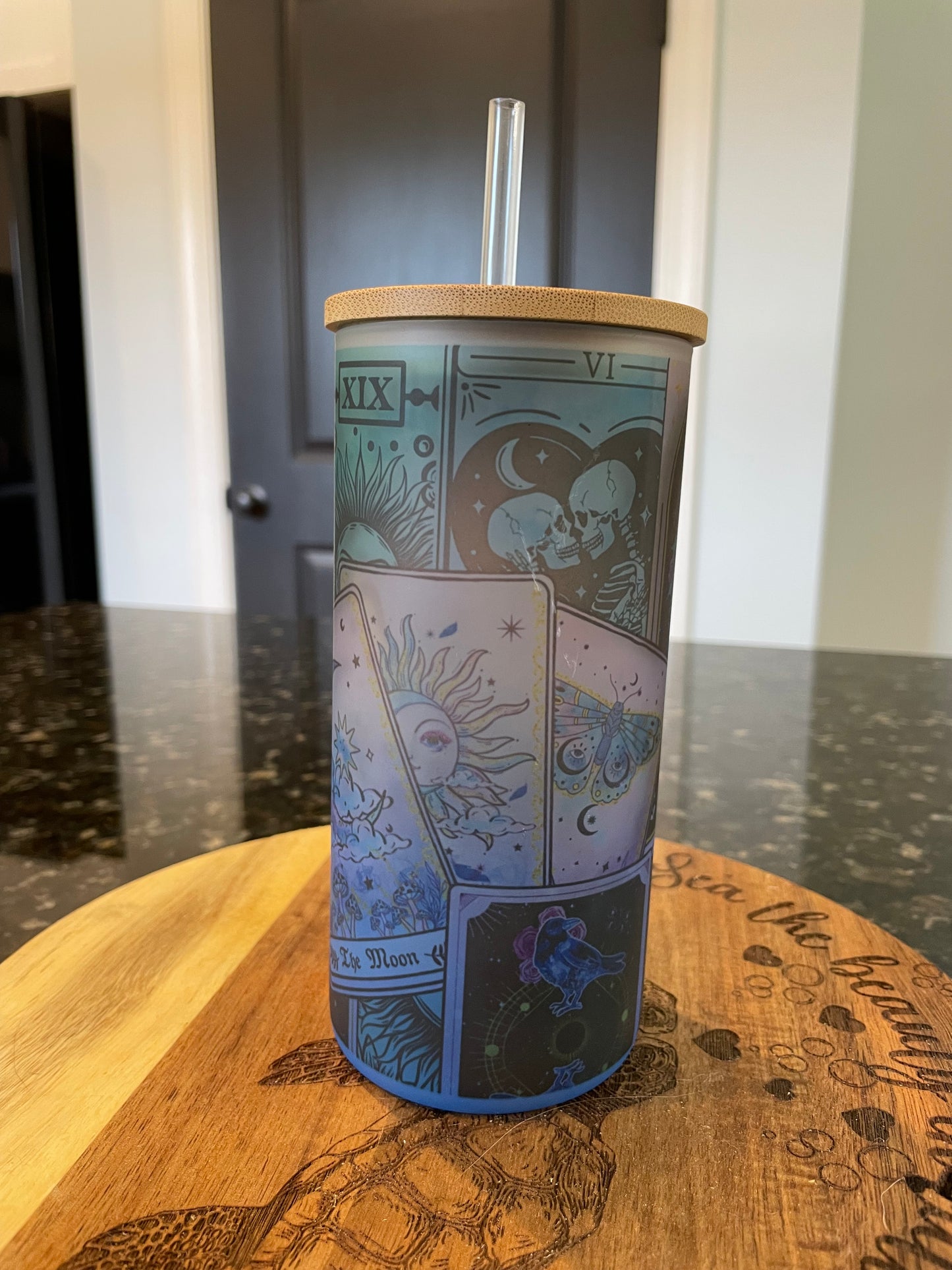 Tarot Card Glass Tumbler with Bamboo lid and straw