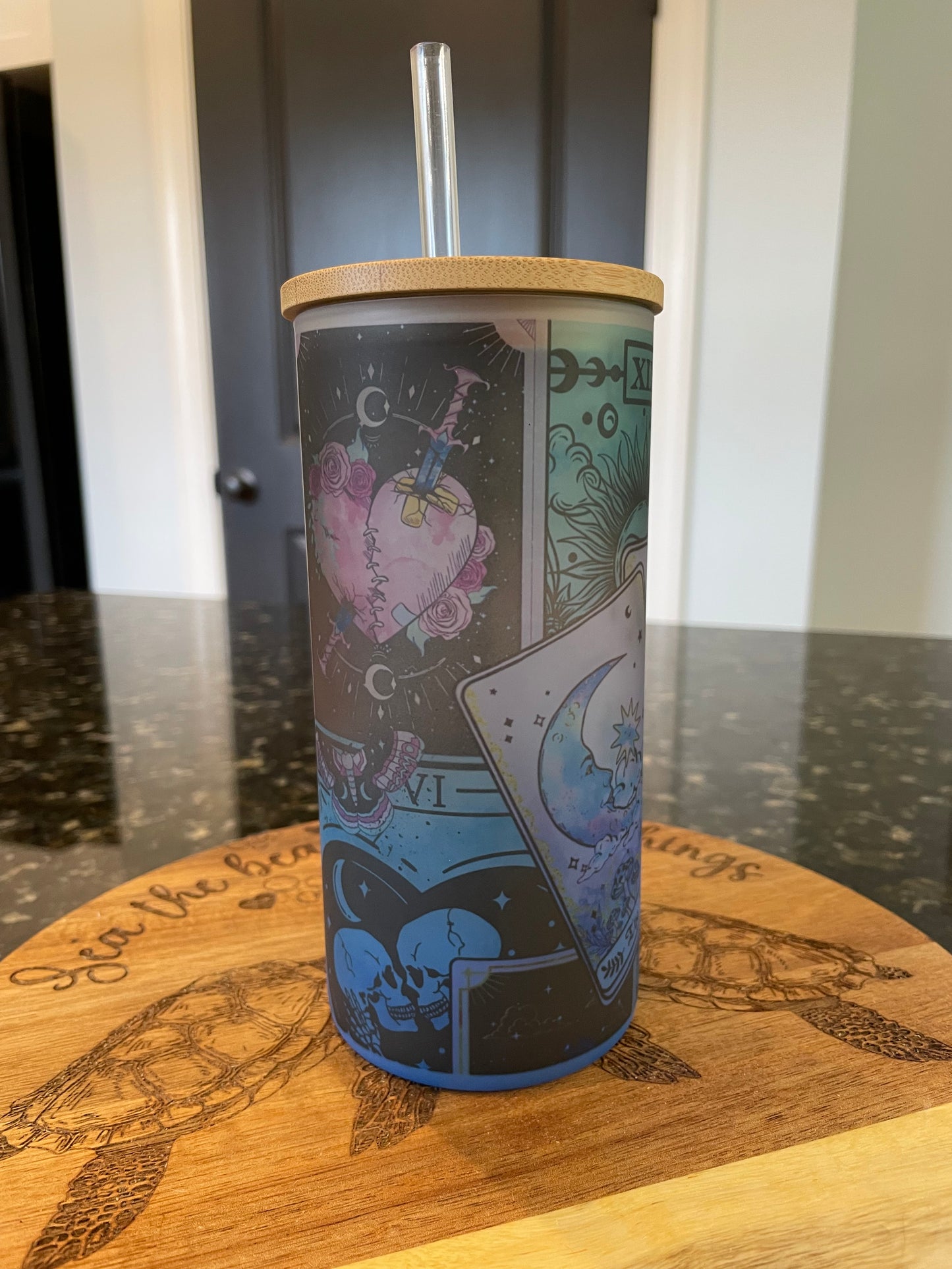 Tarot Card Glass Tumbler with Bamboo lid and straw