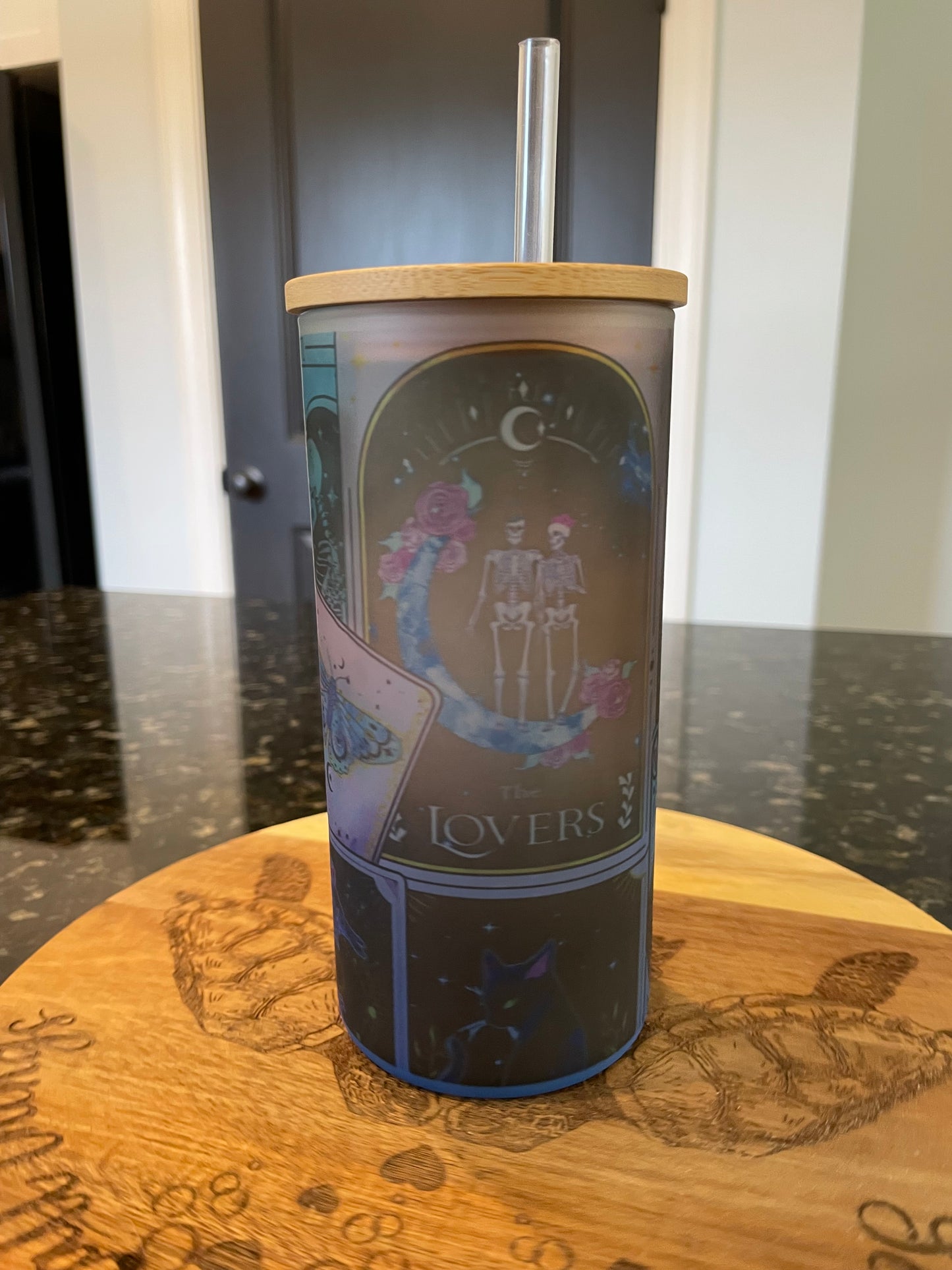 Tarot Card Glass Tumbler with Bamboo lid and straw