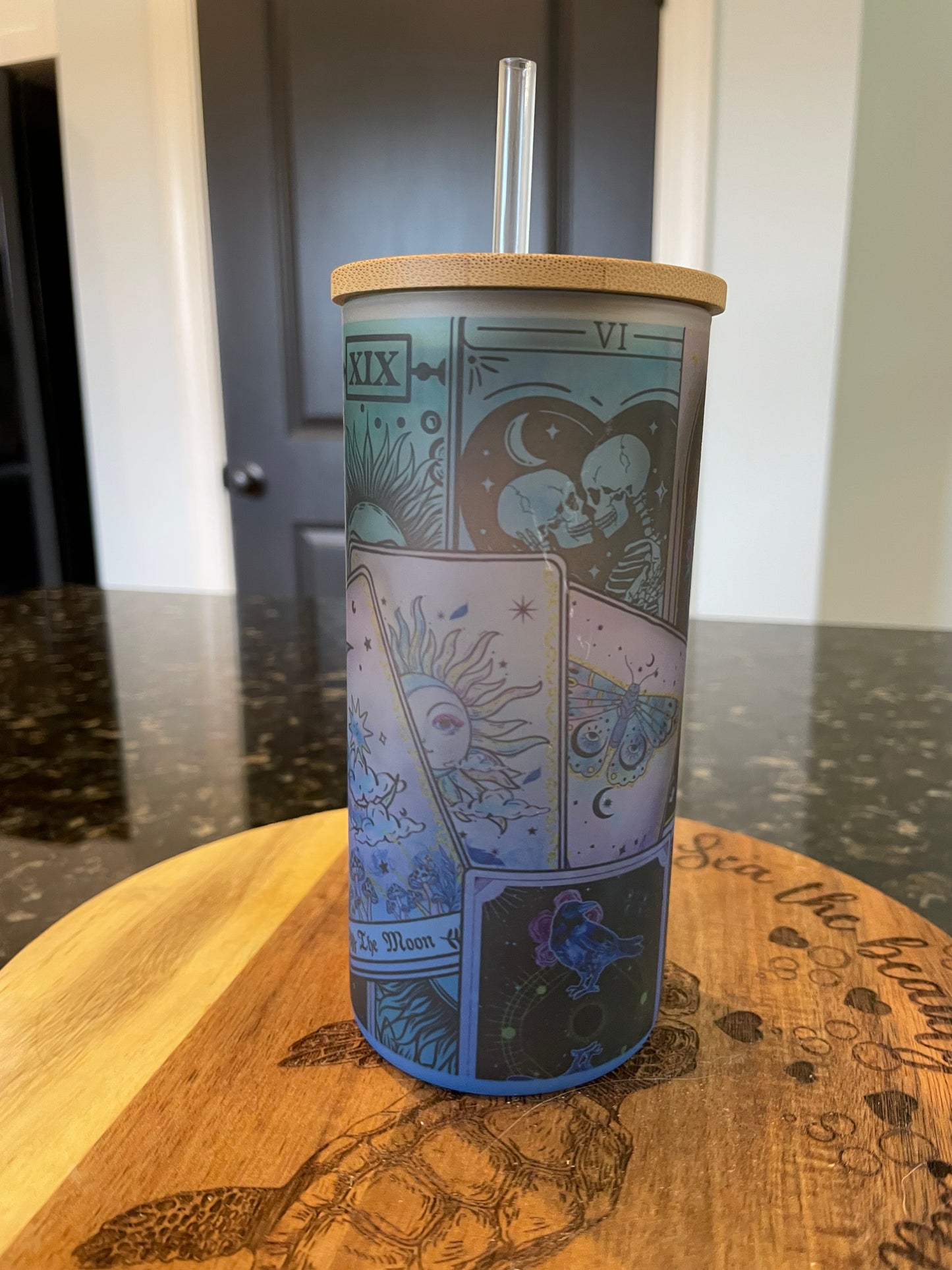 Tarot Card Glass Tumbler with Bamboo lid and straw