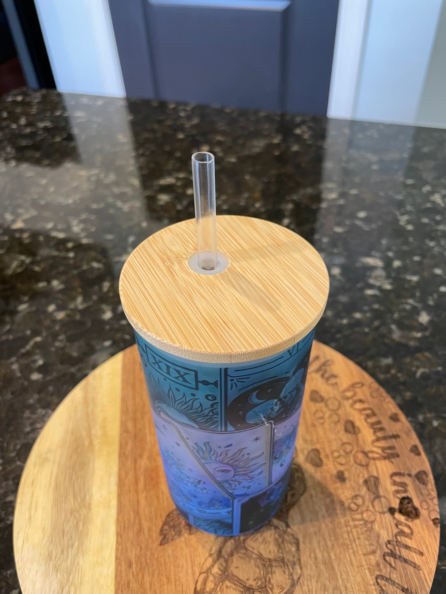 Tarot Card Glass Tumbler with Bamboo lid and straw