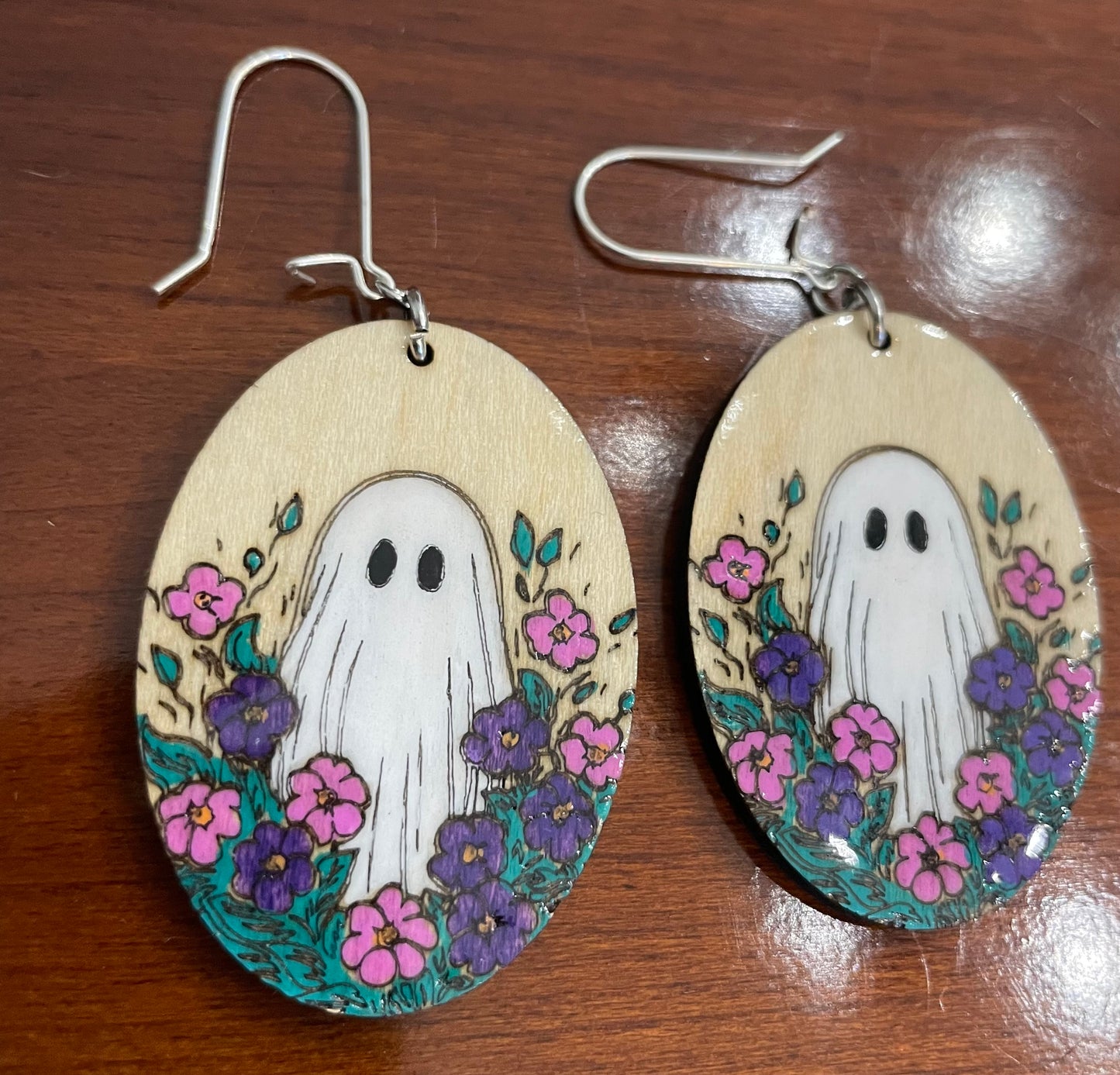 Ghost in purple flowers Halloween Earrings