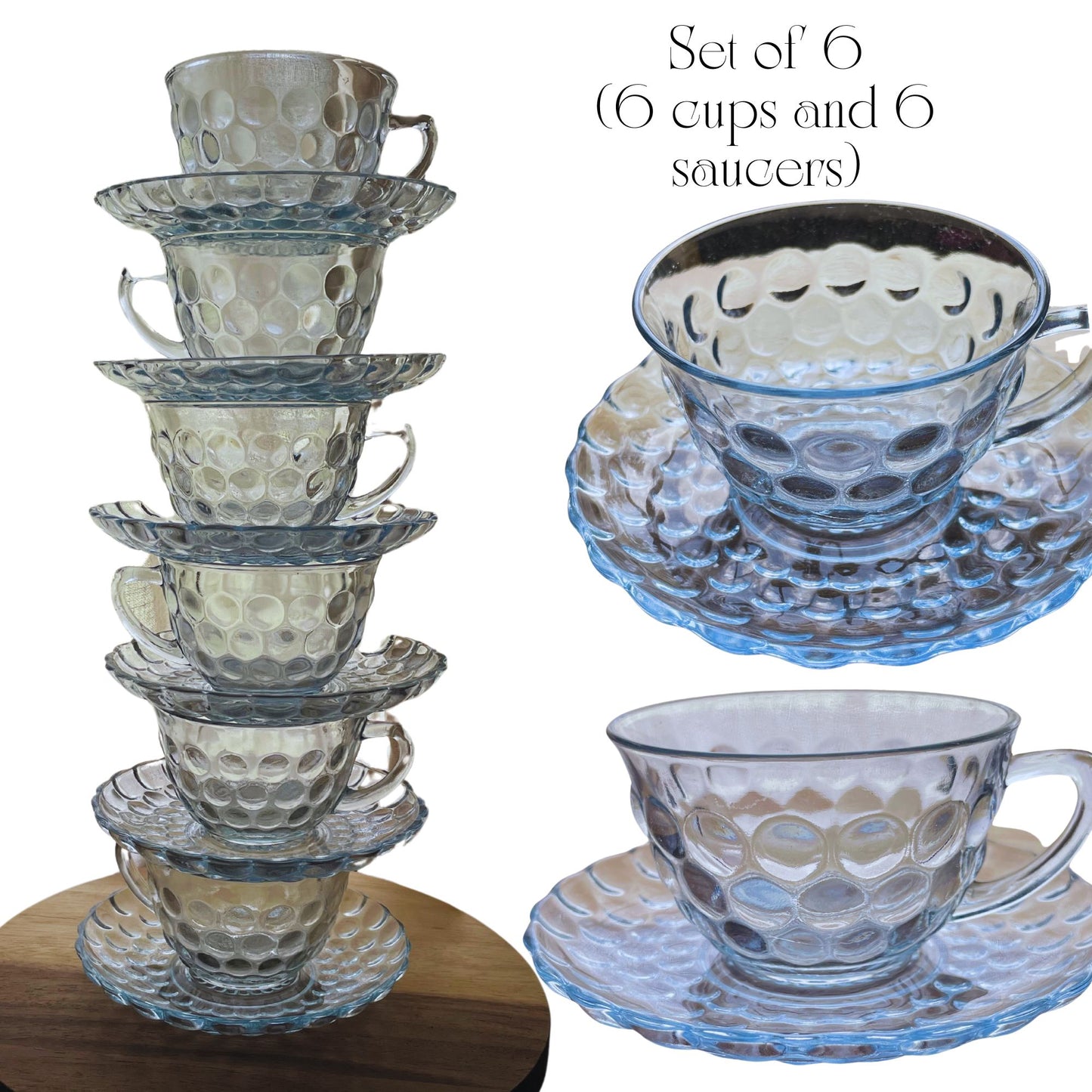 6 Anchor Hocking Sapphire Blue Bubble Cup & Saucer Sets