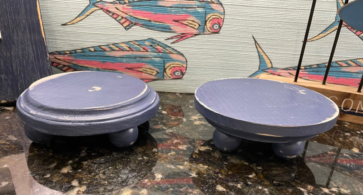 Blue Pair of Small Round Wood Pedestal Stands with Round Legs