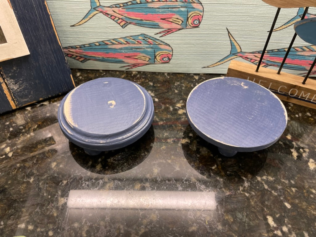 Blue Pair of Small Round Wood Pedestal Stands with Round Legs