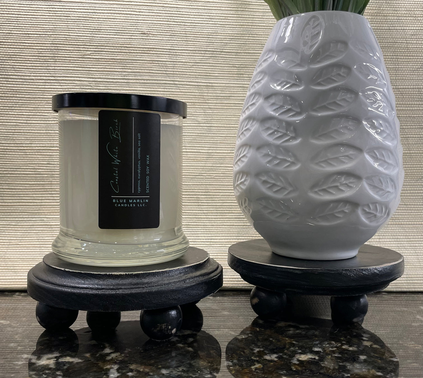 Black Pair of Small Round Pedestal Stands with Round Legs